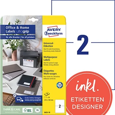 Abbildung von AVERY Zweckform 3655 10 Universal Etiketten (20 Adressaufkleber, 210x148mm auf A4, bedruckbare Versandetiketten, selbstklebende Klebeetiketten mit ultragrip, DHL, fürs HomeOffice) Blatt, weiß