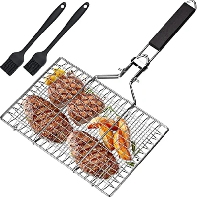 Abbildung von Grillkorb Fischbräter, Fisch Grillkorb, Edelstahl Barbecue Grillschale, Faltbar, Tragbar, Rostfreie Zubehör Körbe zum Grillen, für und Gemüse, mit Oxford Tasche &amp; 2 Silikonbürste