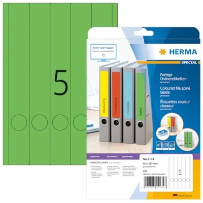 Abbildung von HERMA 5134 Ordnerrücken Etiketten lang schmal, 20 Blatt, 38 x 297 mm, 5 pro A4 Bogen, 100 Stück, selbstklebend, bedruckbar, blickdicht, blanko Papier Ordneretiketten Rückenschilder Aufkleber, grün