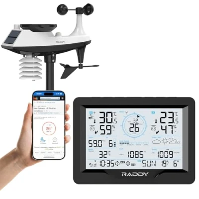 Abbildung von Raddy MN6 Wetterstation mit Außensensor Funk, 15 in 1 Wlan Wetterstation, Temperatur Feuchtigkeits Monitor Luftdruck, Regenmesser, Windgeschwindigkeit, UV, Wettervorhersage, DCF Atomic Clock
