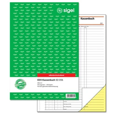 Abbildung von SIGEL SD056 Kassenbuch EDV A4, 2x40 Blatt, selbstdurchschreibend, mikroperforiert, mit Abheftlochung, aus nachhaltigem Papier