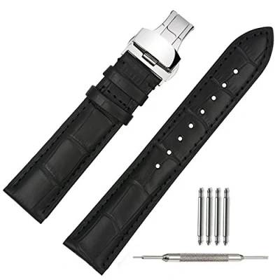 Abbildung von TStrap Uhrenarmband 20mm Leder Armband Schwarz Herren Lederarmband Uhrenband mit Edelstahl Faltschließe Faltschliesse 18mm 19mm 21mm 22mm
