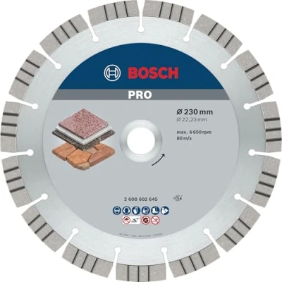 Abbildung von Bosch 1x PRO Stone Diamanttrennscheiben für 22,23‑mm Bohrung und große Winkelschleifer (für Weichgestein, Harter Stein, Ø 230 mm, Professional Zubehör Großer Winkelschleifer)