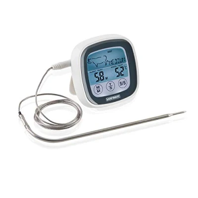 Abbildung von Leifheit digitales Bratenthermometer, Grillthermometer mit voreingestellten Garstufen und Timer, magnetisches Fleischthermometer für den Backofen, Thermometer inklusives Batterien, perfektes Garen