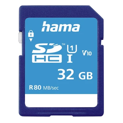 Abbildung von Hama Speicherkarte SDHC 32GB (SD 3.01 Standard, 80 MB/s, Class 10, Datensicherheit dank mechanischem Schreibschutz, Beschriftungsfeld)