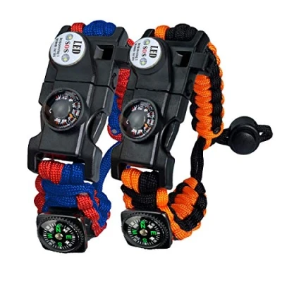 Abbildung von Paracord Survival Armband Kit für Herren Damen, mit Feuerstein + Kompass Thermome (Rot und Blau Orange)