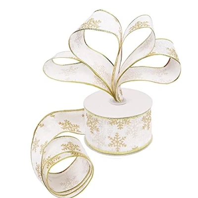 Abbildung von Belle Vous Weißes Geschenkband 20 m x 6,3 cm Breites Glitzerndes Organzaband mit Schneeflocken Muster und Draht Deko Schleifenband für Weihnachtsfeier, Christbaum &amp; Geschenke