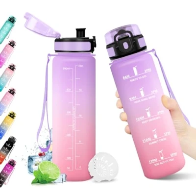 Abbildung von Trinkflasche 500ml, Wasserflasche mit Zeitmarkierung, Filter, Auslaufsicher, BPA frei, Sportflasche für Fitness, Fahrrad, Büro, Schule, Outdoor, Yoga, Erwachsene, Sprudel geeignet