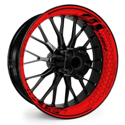 Abbildung von 4 teiliges Felgenbettaufkleber Set für 17 Zoll Felgen Komplett Dekor Folie Motorrad Felgenrandaufkleber selbstklebend wasserfest uv beständig MR021 (11 03 Neon Rot FF Racing)