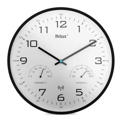 Abbildung von Mebus Moderne Funk Wanduhr mit Temperaturanzeige und Luftfeuchtigkeit, 30 cm, Uhr, Wohnzimmer, Küchenuhr/Modell: 52840 / Farbe: Schwarz