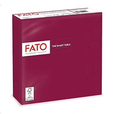 Abbildung von Fato Einweg Papierservietten, ideal für informelle Mittagessen und Buffets, Packung mit 40 Servietten, Größe 38x38, 4 fach gefaltet, 2 lagig, Farbe Bordeaux, 100% reines Zellulosepapier, FSC