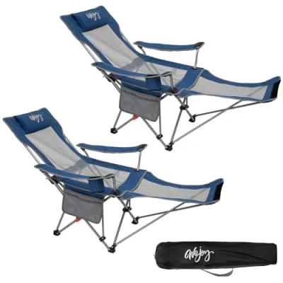 Abbildung von #WEJOY 2 in 1 Campingstuhl Faltbar, Strandstuhl mit Verstellbarer Rückenlehne &amp; Fußstütze Campingstühle für Erwachsene Wattepad Kissen Getränkehalter Armlehnentaschen Blau/Grau 2er Set