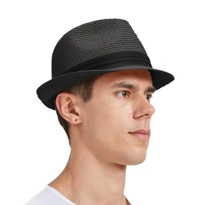 Abbildung von Zylioo M Trilby Fedora Strohhut für Kleinen Kopf,Stroh Sonnenhut Herren mit Roll UP Krempe,UV Schutz Sommerhut Strandhut