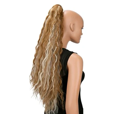 Abbildung von CAISHA 70cm Extralang Voluminös Gewellt Clip On Haarteil Zopf Pferdeschwanz Hitzebeständig Synthetik Hellbraun Hellblond Geträhnt H702