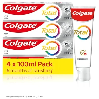 Abbildung von Colgate Total Original 4x100ml 24h AKTIV SCHUTZ* Zahnpasta mit einzigartiger antibakterieller Technologie Dual Zinc für umfassende Zahnreinigung 8 Vorteile kompletten Schutz