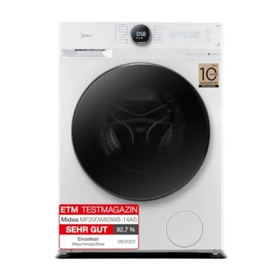 Abbildung von Midea MF200W80WB 14AS Waschmaschine/8KG /Energieeffizienzklasse A/Mengenautomatik/Steam Care/Nachlegefunktion / 1400 U/min/Zeitsparen Turbo Wash/nur 48 cm tief/APP Steuerung, AquaStop, Weiß