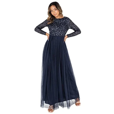Abbildung von Maya Deluxe Damen Navy Embellished Long Sleeve Maxi Bridesmaid Dress, Navy, 42 EU(14 UK)