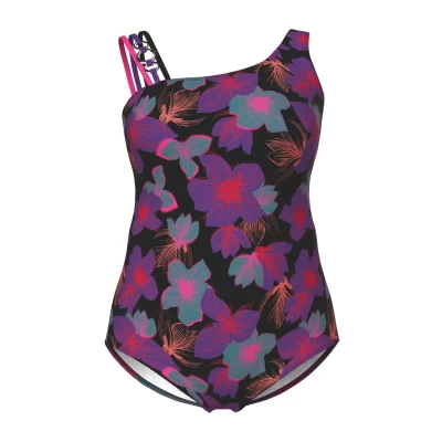 Abbildung von Ulla Popken NEON Floral Print Asymmetric Badeanzug, Damen, Größe: 42, Black