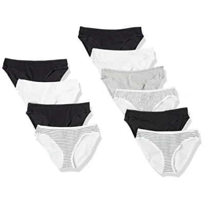 Abbildung von Amazon Essentials Damen Bikinihose aus Baumwolle (in Übergröße erhältlich), 10er Pack, Schwarz/Grellweiß/Grau, 36