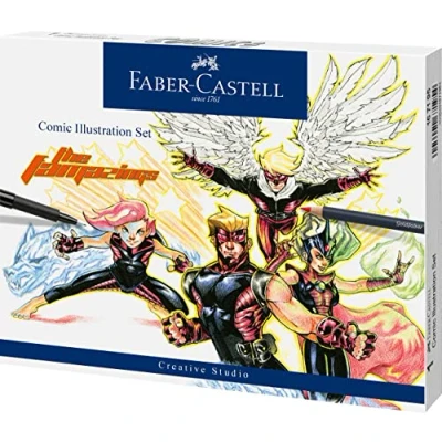 Abbildung von FABER CASTELL 167195 Pitt Artist Pen Comic Illustration Set, 3 Tuschestifte, Aquarellfarbstifte und Zubehör, 15 teilig