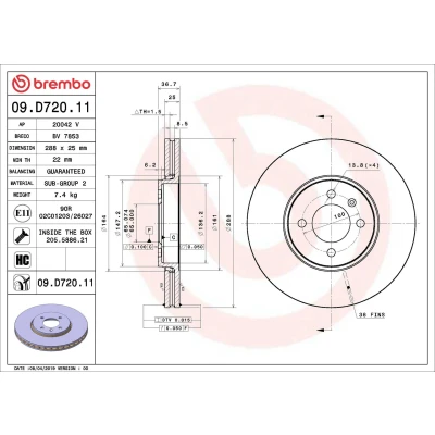 Abbildung von BREMBO 09.D720.11 Bremsscheibe 288 25 4 innenbelüftet beschichtet hochgekohlt mit Schrauben VOLKSWAGEN: up! Hatchback