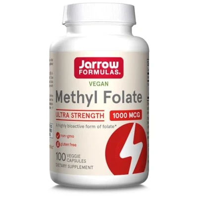 Abbildung von Jarrow Formulas, Methyl Folate (5 MTHF), 1000mcg, Folsäure, 100 vegane Kapseln, Laborgeprüft, Glutenfrei, Vegetarisch, Sojafrei, Ohne Gentechnik