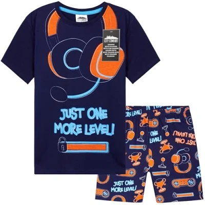 Abbildung von CityComfort Schlafanzug Kinder Jungen Teenager Sommer Baumwolle Pyjama Set Atmungsaktiv und Bequem Gaming Kurze Schlafanzüge (9 10 Jahre, Marineblau/Mehrfarbig)