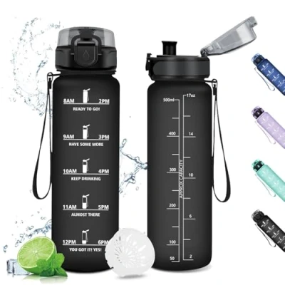 Abbildung von Trinkflasche 500ml, Sport, Wasserflasche Auslaufsicher, Kohlensäure Geeignet, mit Zeitmarkierungen, Sportflasche für Kinder, Gym, Scuola, Ciclismo, Outdoor