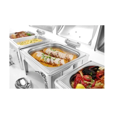 Abbildung von HENDI Chafing Dish GN 1/1 inkl. 4 Liter Behälter 65 mm + 2 für Brennpaste, 36,5 x 34,5 cm 1200 W, Warmhaltebehälter Gastro