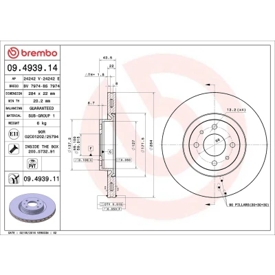 Abbildung von BREMBO 09.4939.14 Bremsscheibe 284 22 4 innenbelüftet mit Schrauben FIAT: BRAVO 2, Stilo Multi Wagon, Qubo, LANCIA: DELTA 3, Thema Saloon
