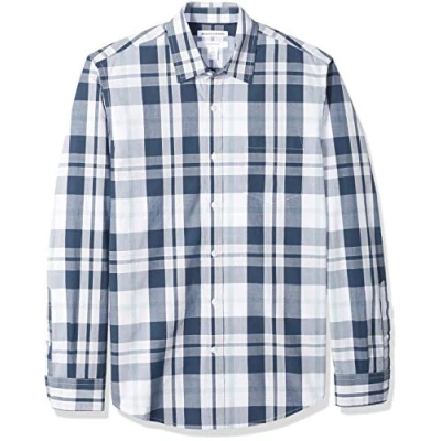 Abbildung von Amazon Essentials Herren Langärmeliges Hemd aus Popeline, Schmale Passform, Marineblau Weiß Großes Karo, XL