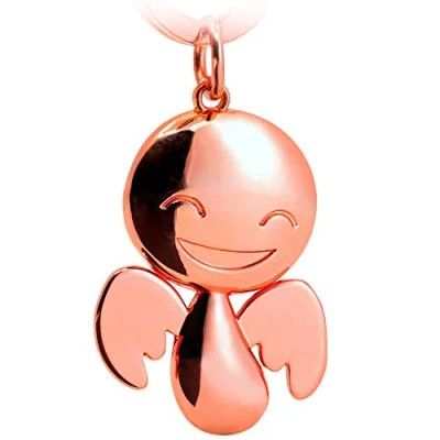 Abbildung von FABACH Schutzengel Schlüsselanhänger Happy Niedlicher Engel Anhänger aus Metall in glänzendem Roségold Geschenk Glücksbringer Auto Führerschein Fahr vorsichtig