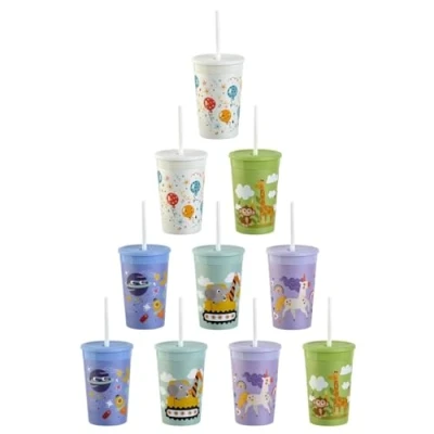 Abbildung von ENGELLAND 10 x Kinderbecher mit Deckel und Strohhalm, BPA frei, Bunte Mischung, Kunstoffbecher, Trinkbecher, Party Becher, Plastik, Trink Gläser, Mehrweg 0,33l