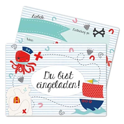 Abbildung von Papierdrachen 12 Einladungskarten zum Kindergeburtstag für Jungen Motiv Pirat Geburtstagseinladungen deine Geburtstagsparty (DIN A6)