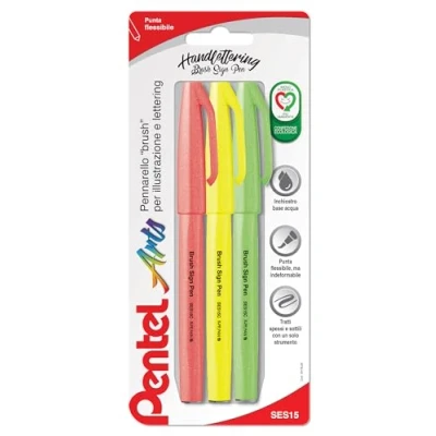 Abbildung von Pentel SES15C Brush Sign Pen Fluo, flexible Faserspitze, ideal für Lettering, Kalligraphie, Illustration fluoreszierende Farben, 3 Stück