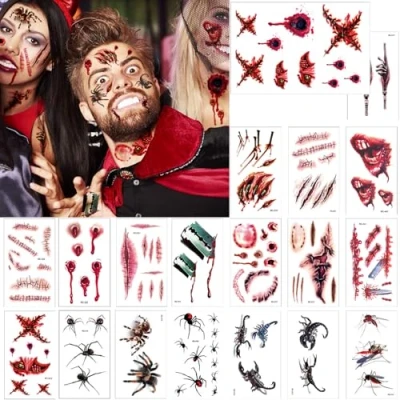 Abbildung von Tattoo Halloween,Jusduit Halloween Spinnen Wunde Narben Tattoos Set,Temporäre Kinder Aufkleber für Mädchen Kindergeburtstag Mitgebsel Party (Halloween Tattoos)