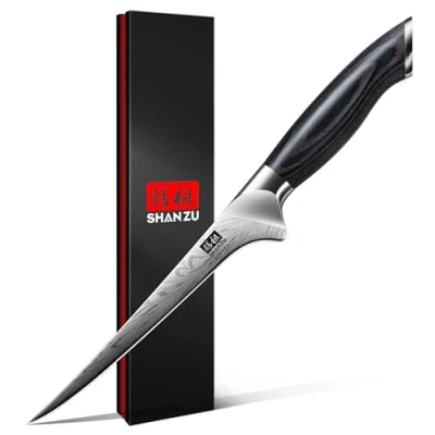 Abbildung von SHAN ZU Filetiermesser aus Pulverstahl, Japanisches Fisch 18cm, Professionelles Fischfiletiermesser Kohlenstoffstahl, Filitiermesser Scharf mit Ergonomischem Pakkaholzgriff