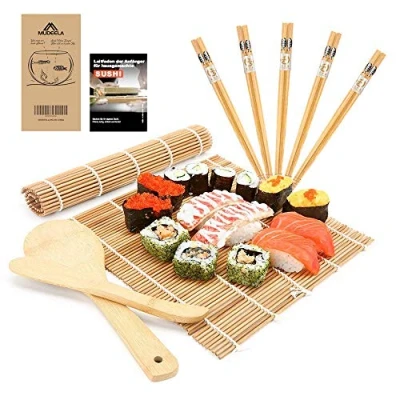 Abbildung von MUDEELA Sushi Set, Bambus Matte, Maker für Anfänger, karbonisierte Rollmatte, 2 Rollmatten 5 Paar Essstäbchen 1 Reisstreuer Paddel Anfängerleitfaden (.PDF Datei)