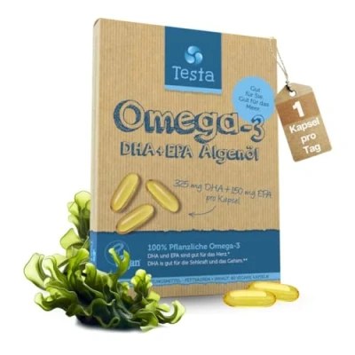 Abbildung von Omega 3 Vegan Algenöl Hochdosiert 325mg DHA + 150mg EPA pro Kapsel Nur 1 Tag Unterstützt Herz, Gehirn und Augen Pflanzliches aus 60 Kapseln