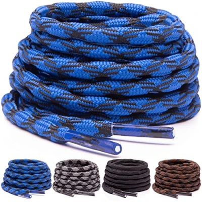 Abbildung von Miscly Schnürsenkel Rund [3 Paar] Rutschfeste und Wellenförmige für Stiefel, Arbeitsstiefel Wanderschuhe (183cm, Blau/Schwarz)