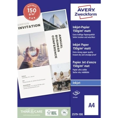 Abbildung von Avery Zweckform Art. 2579 100 Business Inkjet Papier (100 Blatt, 150 g/m², DIN A4, mattes Druckerpapier, einseitig beschichtet, sofort trocken &amp; wischfest, Flyerpapier für Drucker) weiß