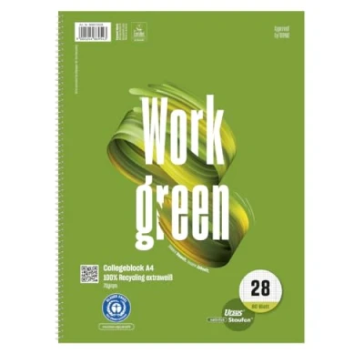 Abbildung von Staufen 608572028 Green Collegeblock, DIN A4, WORK Motiv, Lineatur 28 (5 mm kariert mit Randlinien), 80 Blatt, 4 fach Lochung, premiumweißes 70g/m² Recyclingpapier, 5 Stück