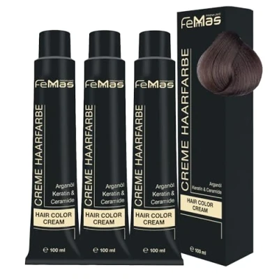 Abbildung von FemMas Haarfarbe 3x Mittelblond Asch 7.1 I Professionelle Creme mit Arganöl, Keratin &amp; Ceramiden Als dauerhafte Haarfärbung oder Tönung für strahlende, haltbare Farbergebnisse 100 ml