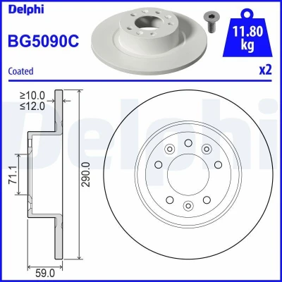 Abbildung von DELPHI BG5090C Bremsscheibe 290 12 5 voll beschichtet unbehandelt ohne Radlager, ABS Sensorring PEUGEOT: 508 I SW