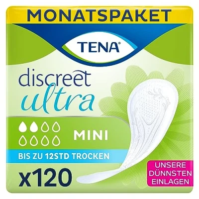 Abbildung von TENA Discreet Mini 120 Einlagen Im Monatspaket (6 X 20 Stück), Einzeln Verpackt Hygieneeinlagen Für Frauen Bei Leichter Blasenschwäche, Inkontinenz Und Tröpfchenverlust