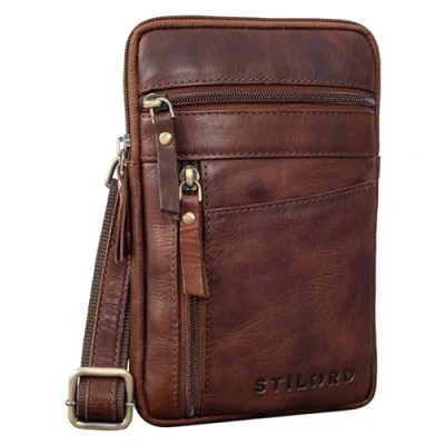 Abbildung von STILORD &#039;Brooks&#039; Leder Brustbeutel Gürteltasche Handytasche zum Umhängen Kleine Brusttasche für Handy Pass Reisebörse Crossbody Bag Vintage Damen und Herren, Farbe:porto cognac