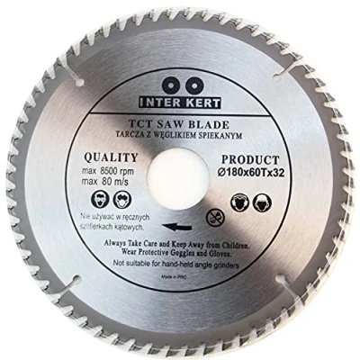 Abbildung von 180x32 mm (mit 30; 28; 25,4 und 22 Distanzringen) Kreissägeblatt mit 60 gekippten TCT Zähnen für Holz