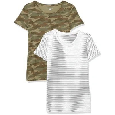 Abbildung von Amazon Essentials Damen Kurzärmeliges T Shirt mit Rundhalsausschnitt, Klassischer Schnitt, 2er Pack, Olivgrün Tarnmuster/Weiß Streifen, L