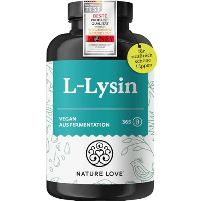 Abbildung von NATURE LOVE® L Lysin 365 vegane Kapseln 1000mg HCL pro Tagesdosis aus pflanzlicher Fermentation 6 Monate Reichweite Laborgeprüft, ohne Zusätze und in Deutschland produziert