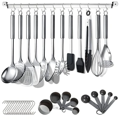 Abbildung von Berglander Küchenutensilien Set 38 teilig, Edelstahl Kochgeschirr Set, Küchenhelfer mit Utensilienhalter und Haken zum Aufhängen Spülmaschinenfest